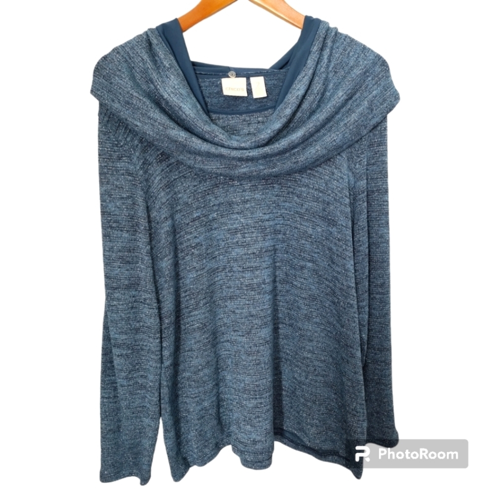 Chico's Blue Metallic Long Sleeve Convertible Top